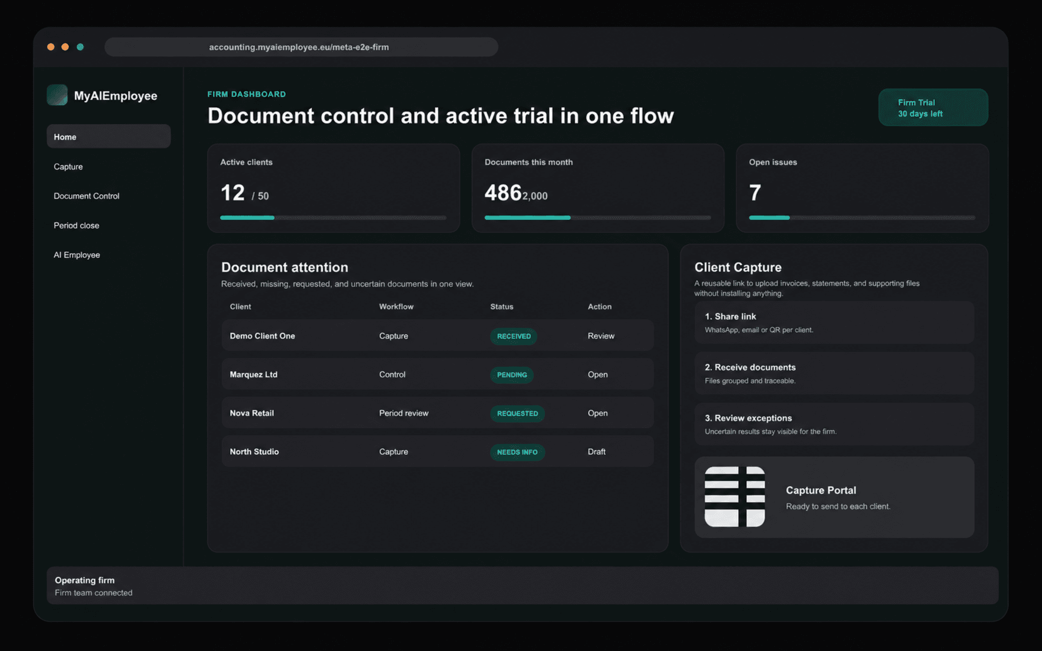 The MyAIEmployee dashboard showing prioritized document review and client document capture