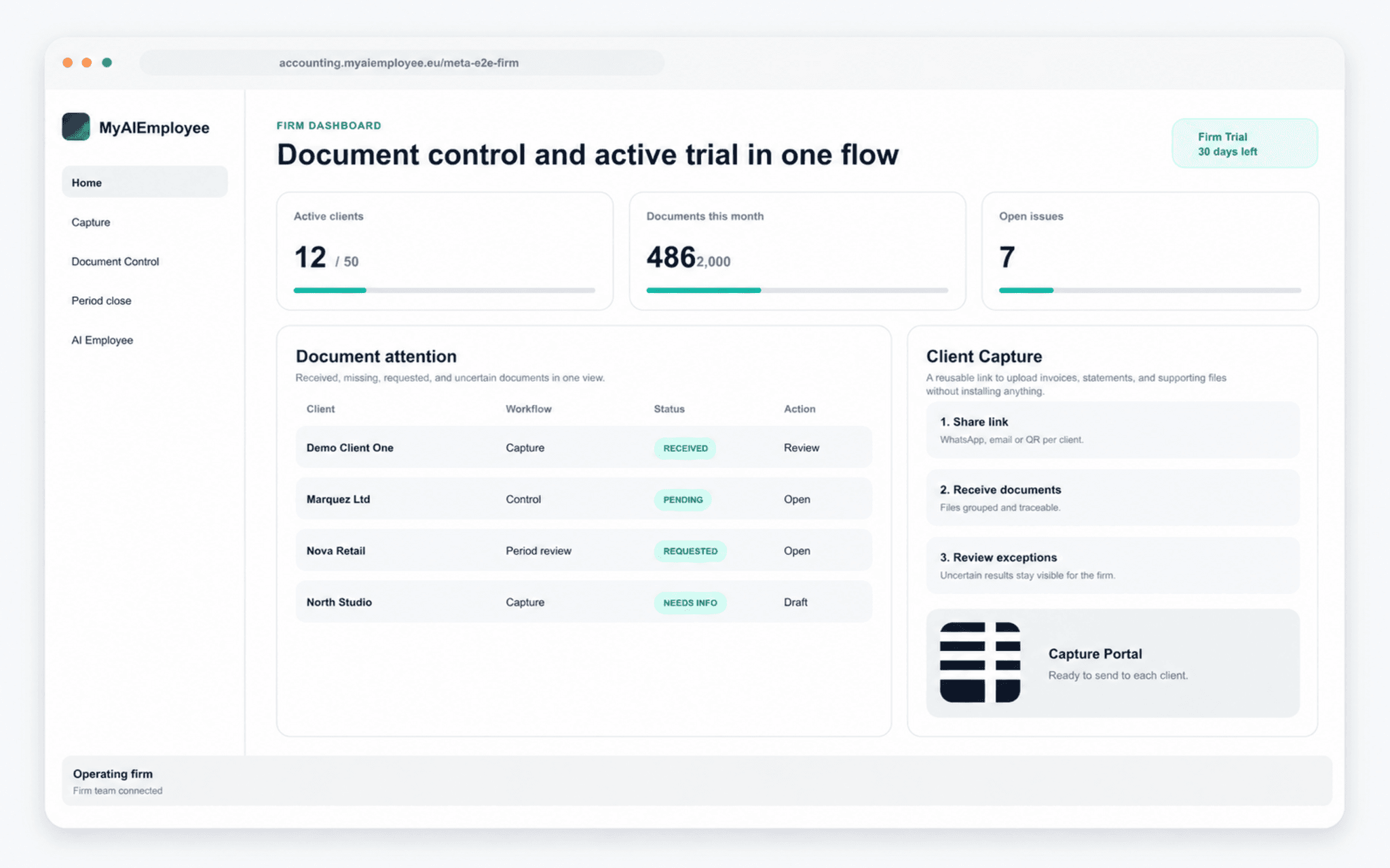 The MyAIEmployee dashboard showing prioritized document review and client document capture